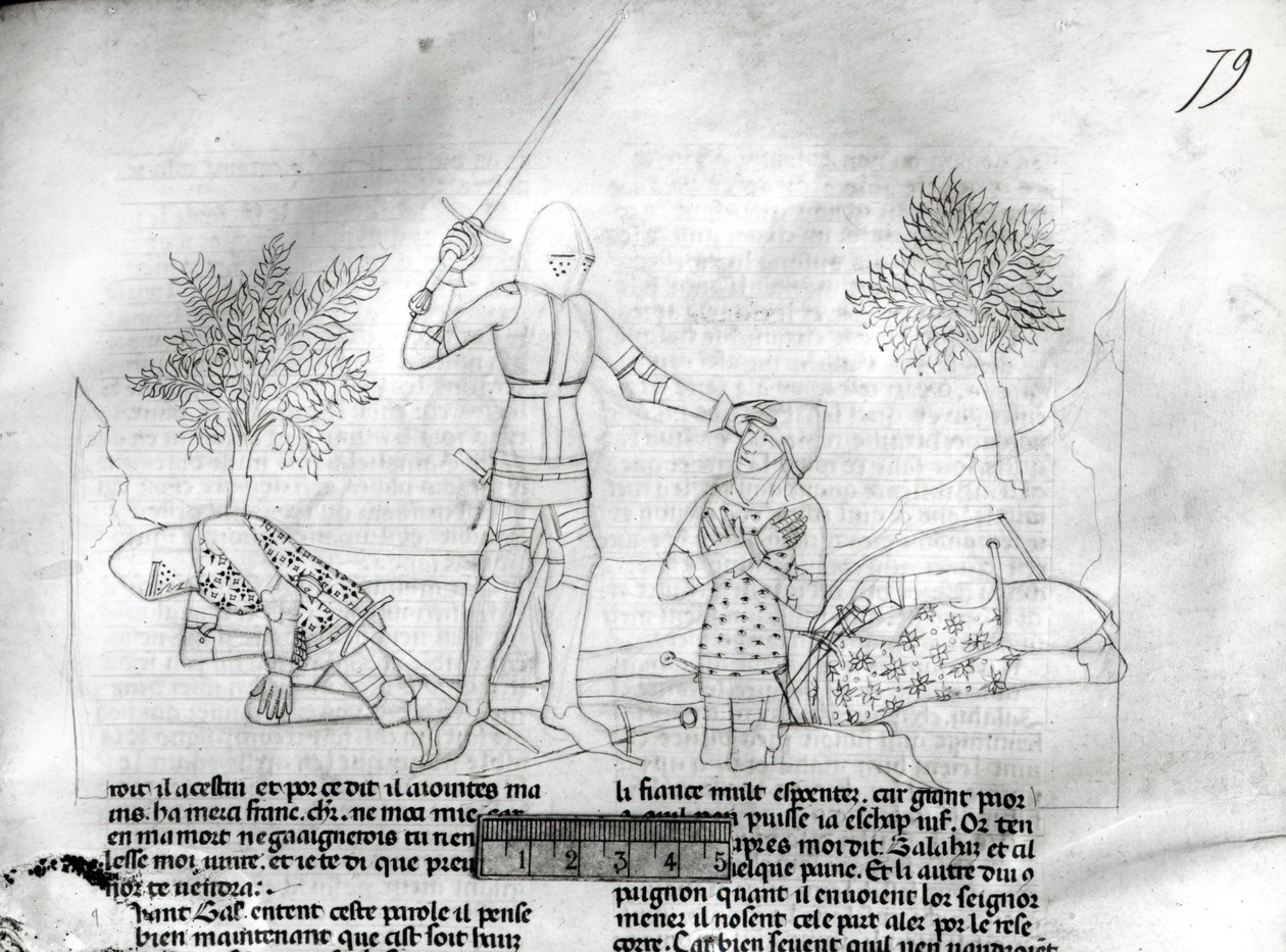 Fr 343 f.79 Bevæbning af en ridder på en slagmark fra Lancelot du Lac af French School