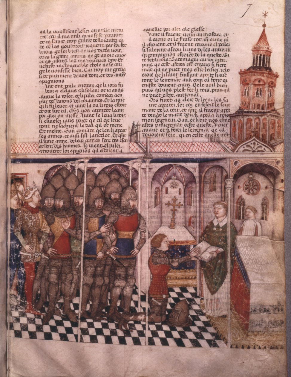 Fru Fr 343 fol. 7 Jagten på den hellige gral og Arthurs død, ridder aflægger ed af French School