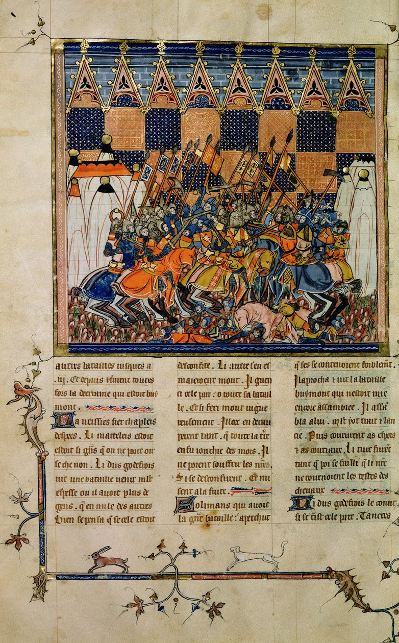 Fru Fr. 352 fol. 49v Battle scene, fra biografien om Godefroi de Bouillon, A History of Western Saints af French School