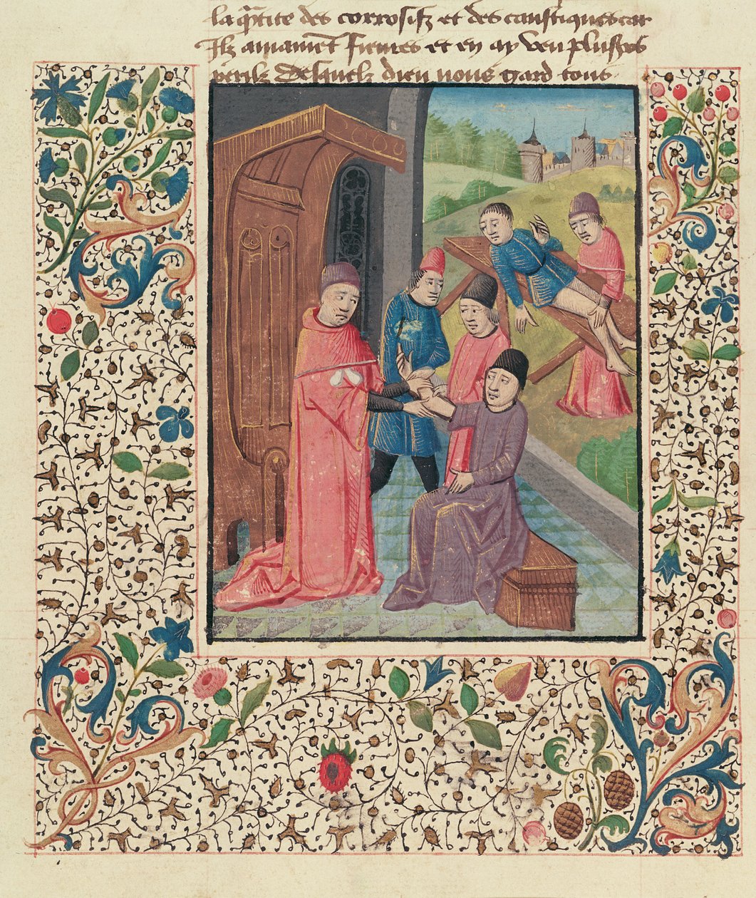 Ms Fr 396 fol.80v En læge, der behandler frakturer, fra La Grande Chirurgie af Guy de Chauliac af French School