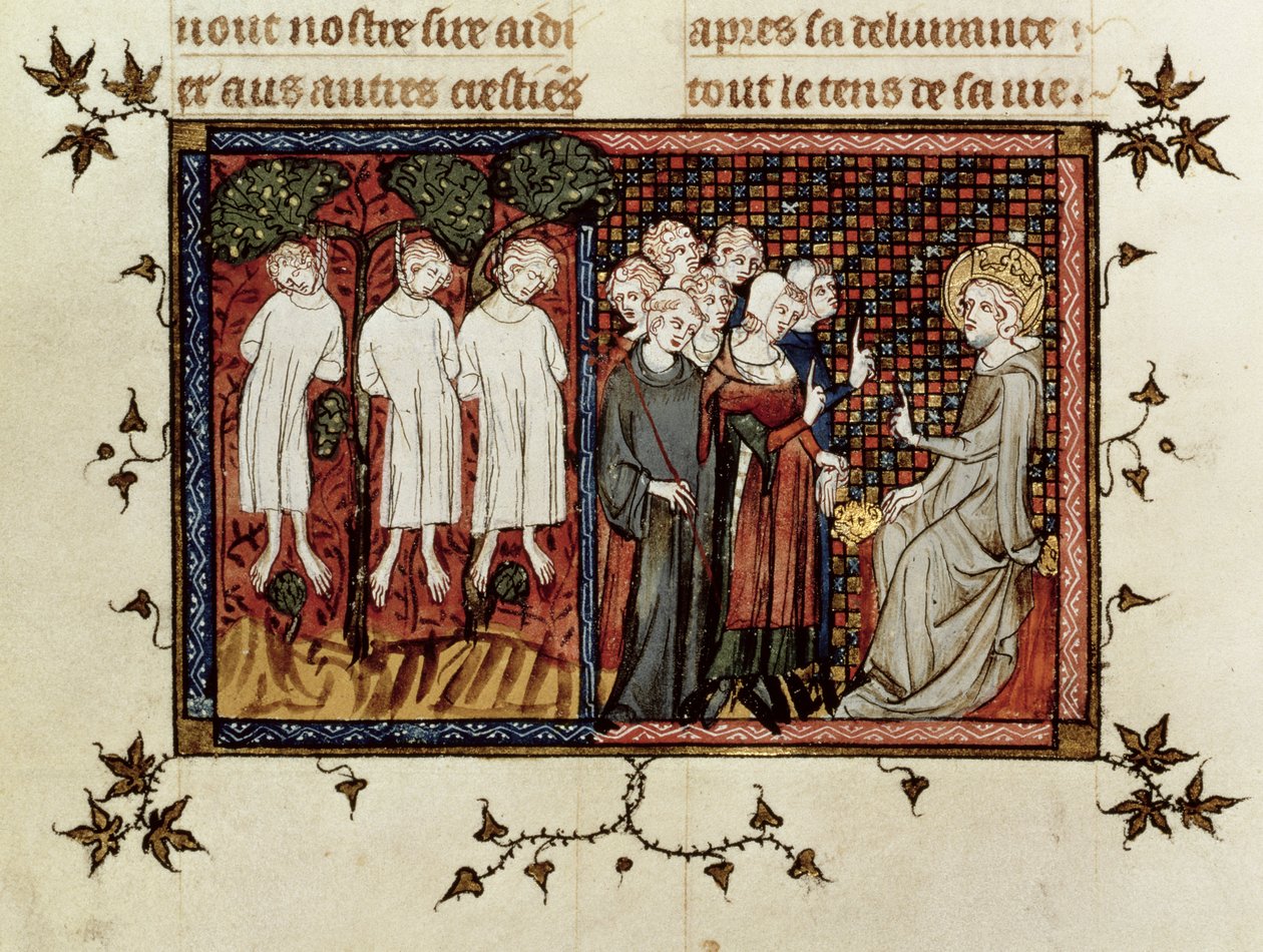 Fru Fr. 5716 fol.246 St. Louis afsiger dom og fordømmer Enguerrand de Coucy (1228-1311) for at have hængt tre unge adelsmænd, fra Life and Miracles of St. Louis, ca. 1330-40 af French School