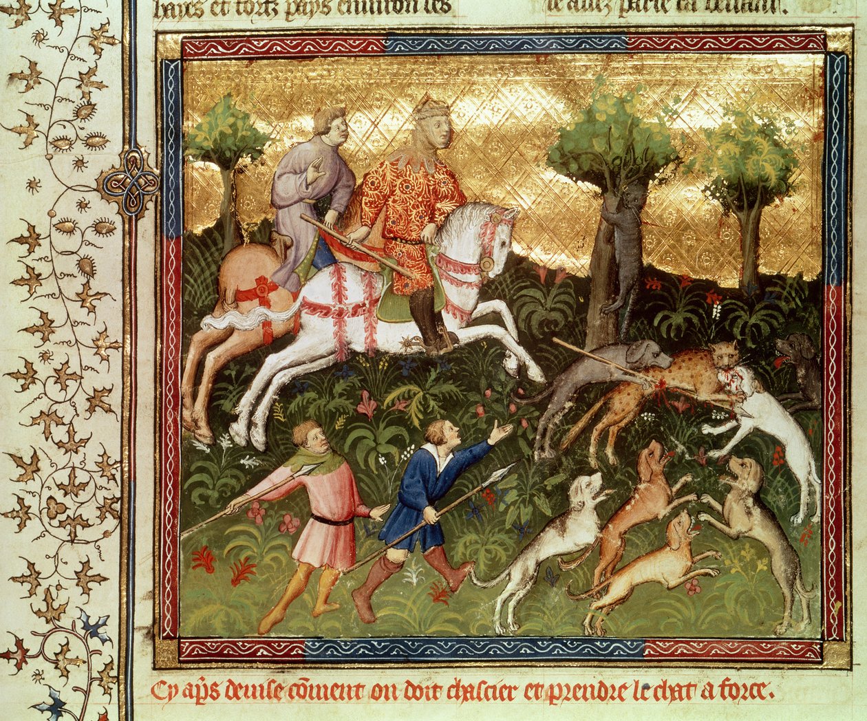 Fr 616 fol.101 Hunde angriber en leopard, fra en bog af Gaston Phebus de Foix (1331-91) af French School