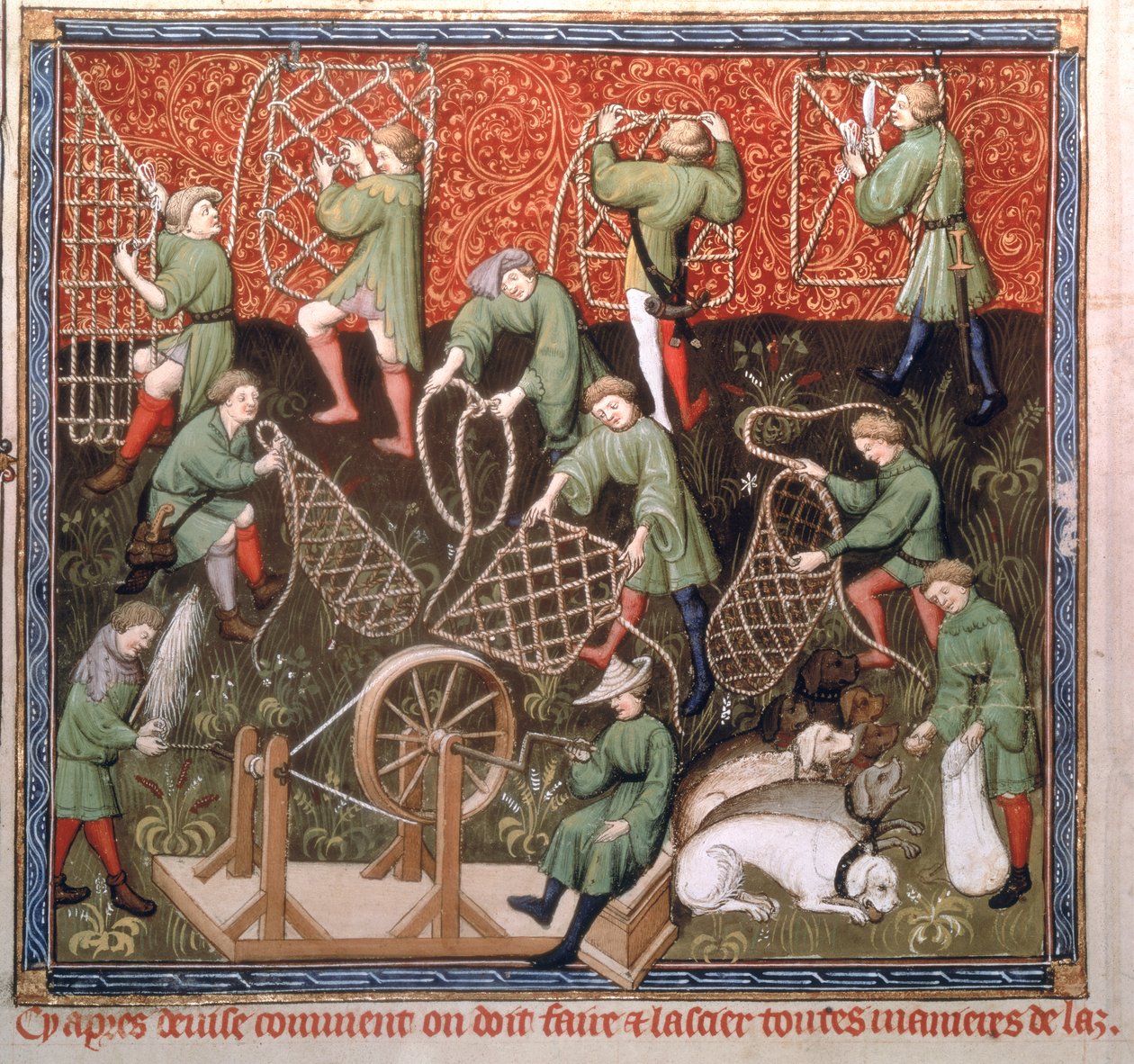 Ms Fr 616 fol.53v Mænd med net, fra Livre de la Chasse af Gaston Phebus de Foix (1331-91) begyndelsen af det 15. århundrede af French School