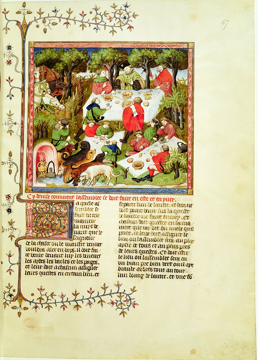 Fr 616 fol.67 Jægere, der fester før hjortejagten, fra Livre de la Chasse af Gaston Phebus de Foix (1331-1391) af French School