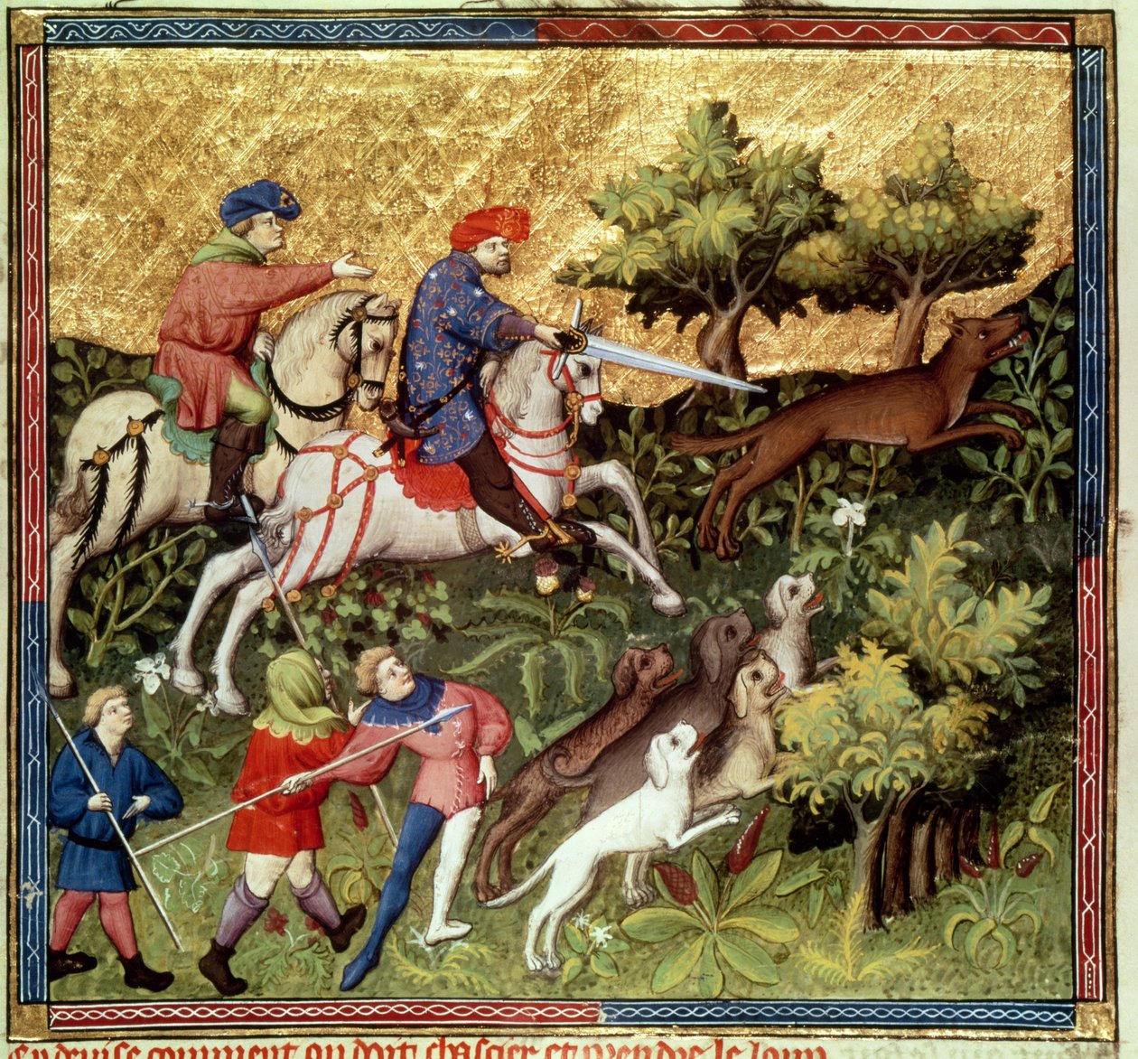 Fr 616 fol.96v Ulvejagt, fra en bog af Gaston Phebus de Foix (1331-91) af French School