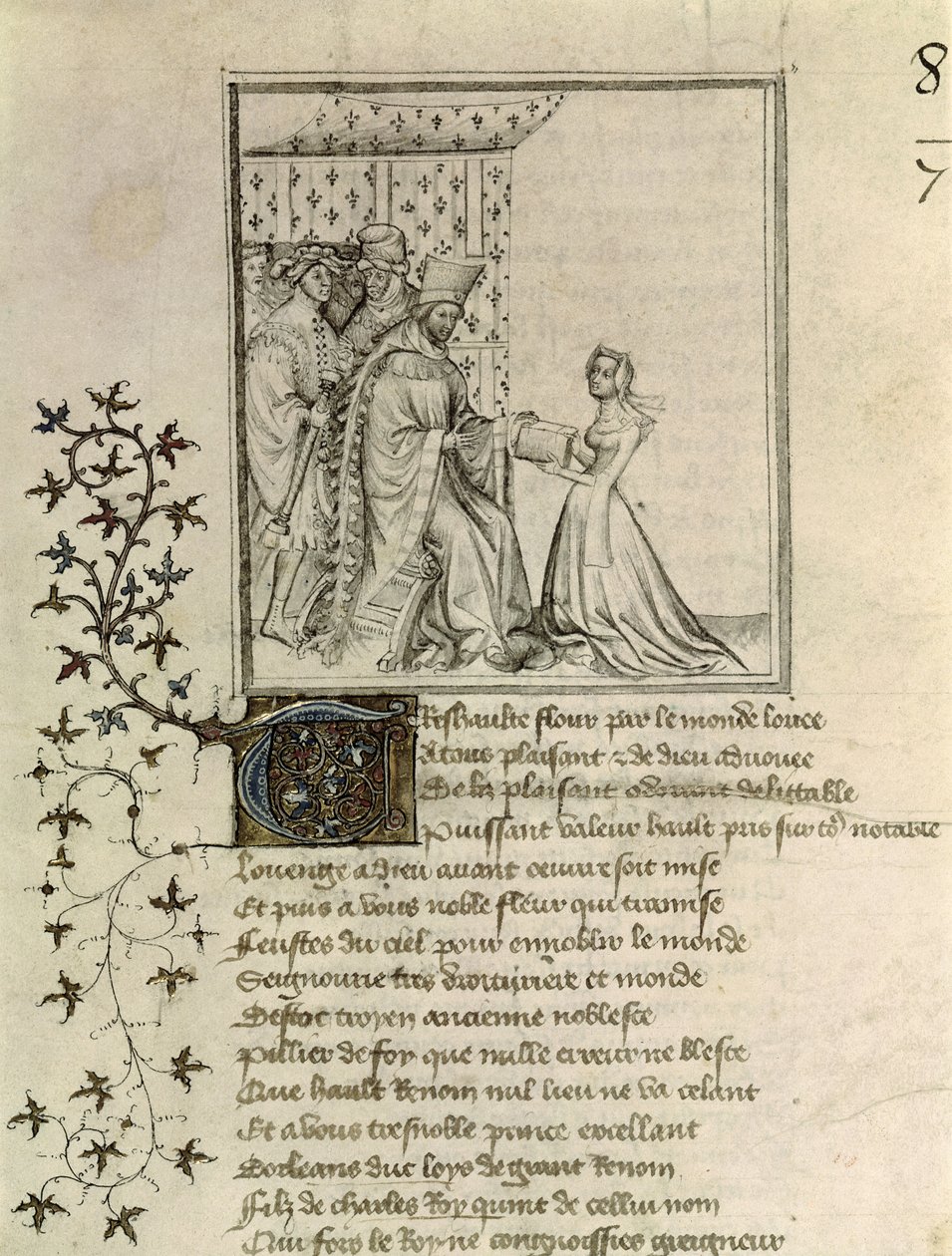 Fr 848 fol.1 Christine de Pisan (1364-1430) præsenterer sit arbejde for Louis, hertug af Orleans (1372-1407) fra Otheas brev til Hector af Christine de Pisan, ca. 1405 af French School