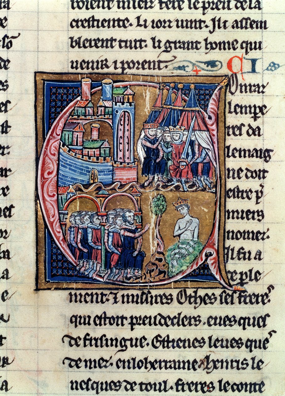 Fr 9081 fol.206 Historikert initial C forestillende Conrad III (1137-52) Kejser af Tyskland og Ludvig VII (1120-80) Konge af Frankrig, belejrede Damaskus i 1148, fra Histoire de Jerusalem af Vilhelm af af French School
