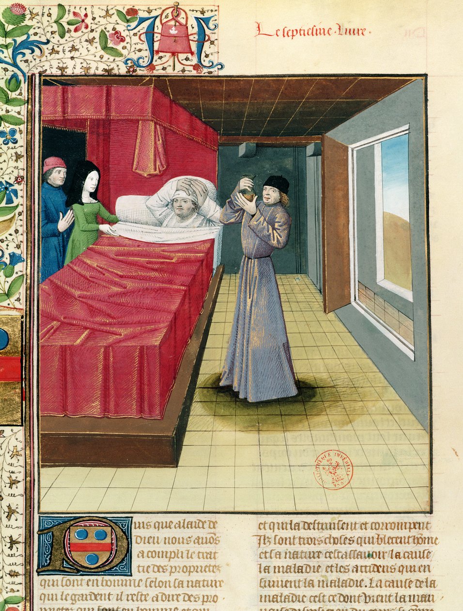 Ms Fr 9140 fol.120v En læge, der udfører en urinanalyse, fra Livre des Proprietes des Choses af Barthelemy lAnglais, 1480 af French School