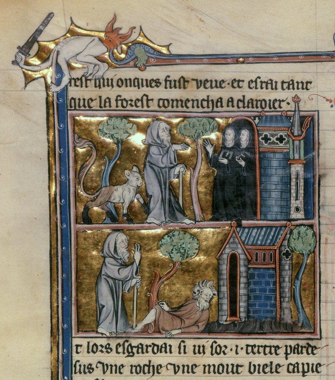 Fr 95 f.4v Eremit og udyr, fra lHistoire du Saint Graal, c.1280-90 af French School