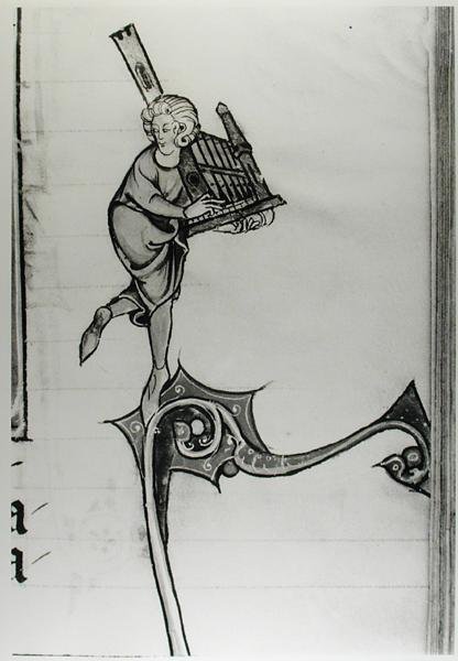 Fr 95 fol.273 Musiker, der spiller på et portativt orgel, fra lHistoire de Merlin, c.1280-90 af French School