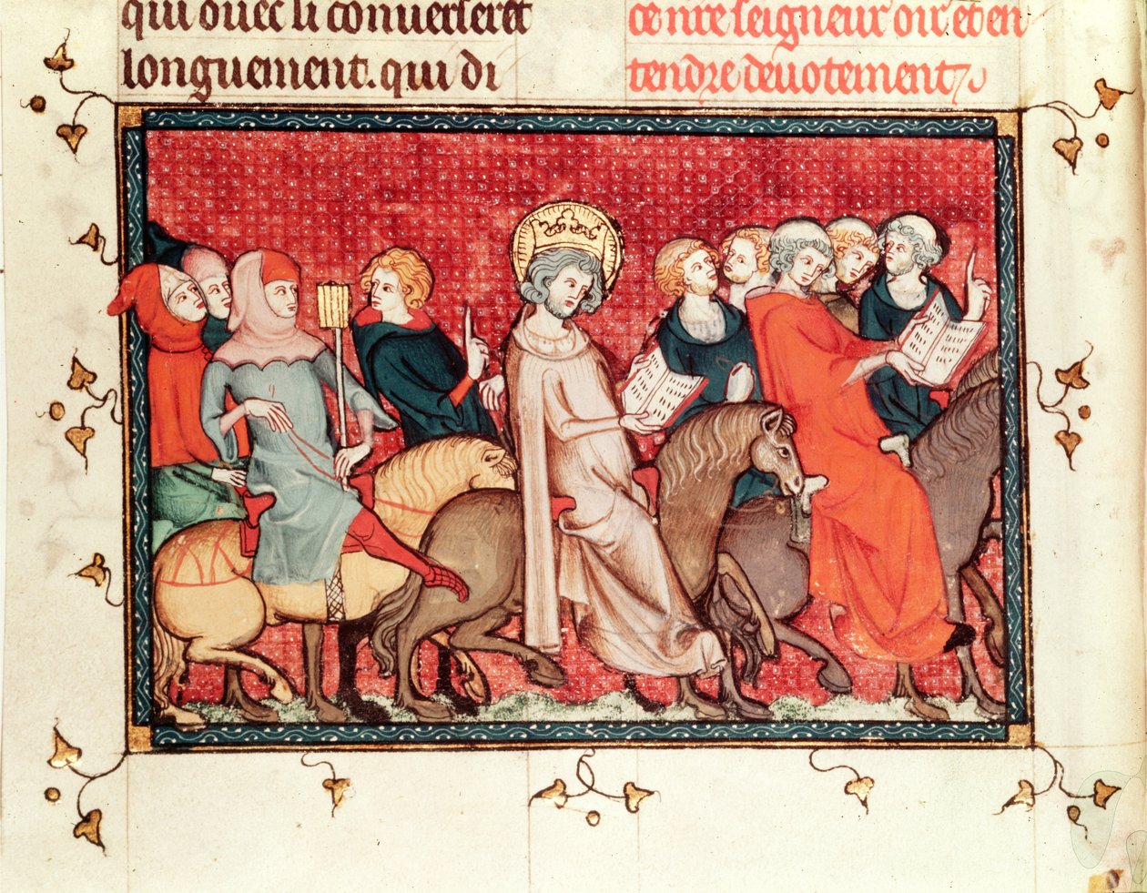 Fr. fol.48 Kongen dikterer sine timer, mens han rider på hest, fra Life and Miracles of St. Louis, ca. 1330-40 af French School
