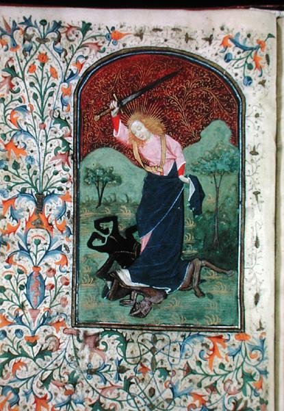 Ms Gen 288 f.84v Wrestling with a beast, c.1460 (vellum) af French School