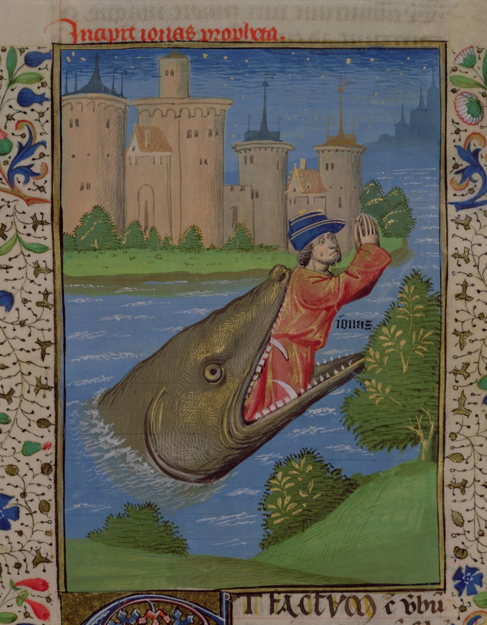 Ms H 7 f.111r Jonas og hvalen, fra Bibelen af Jean XXII af French School