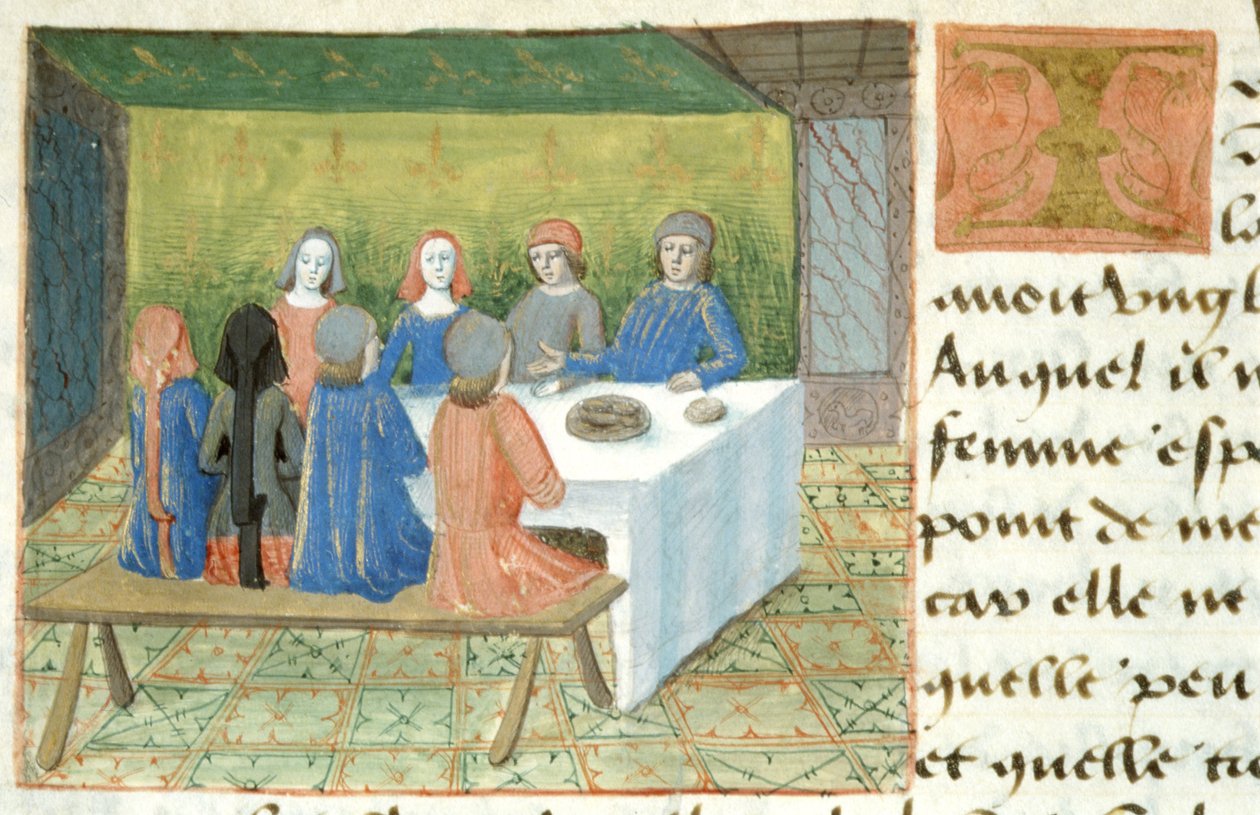 Ms Hunter 252 f.133v Meal, fra Les Cent Nouvelles Nouvelles, 1462 af French School