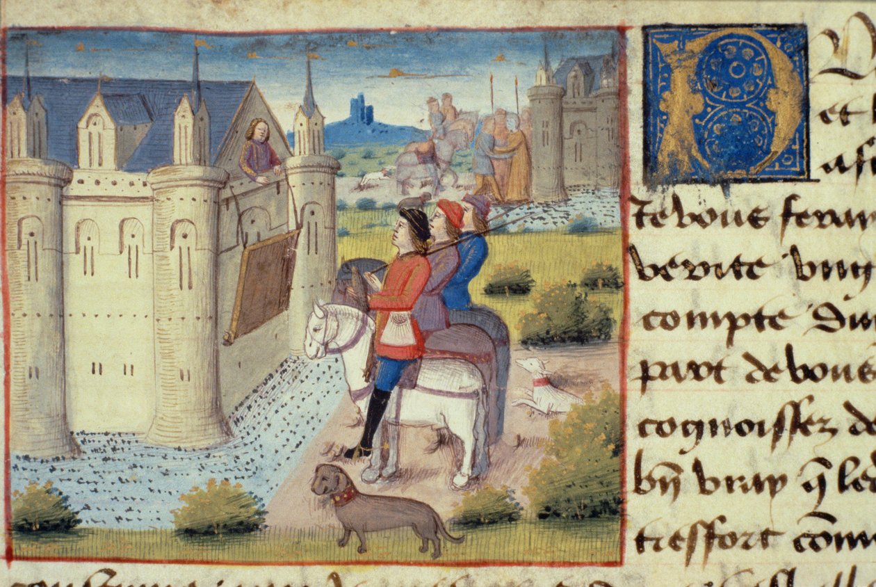 Ms Hunter 252 f.169v Voldgrav omkring en by, fra Les Cent Nouvelles Nouvelles, 1462 af French School