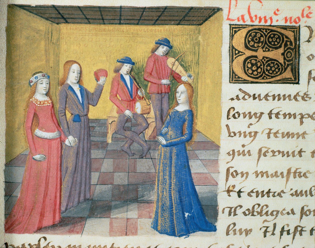 Ms Hunter 252 f.19r Musik og frieri, fra Les Cent Nouvelles Nouvelles, 1462 af French School