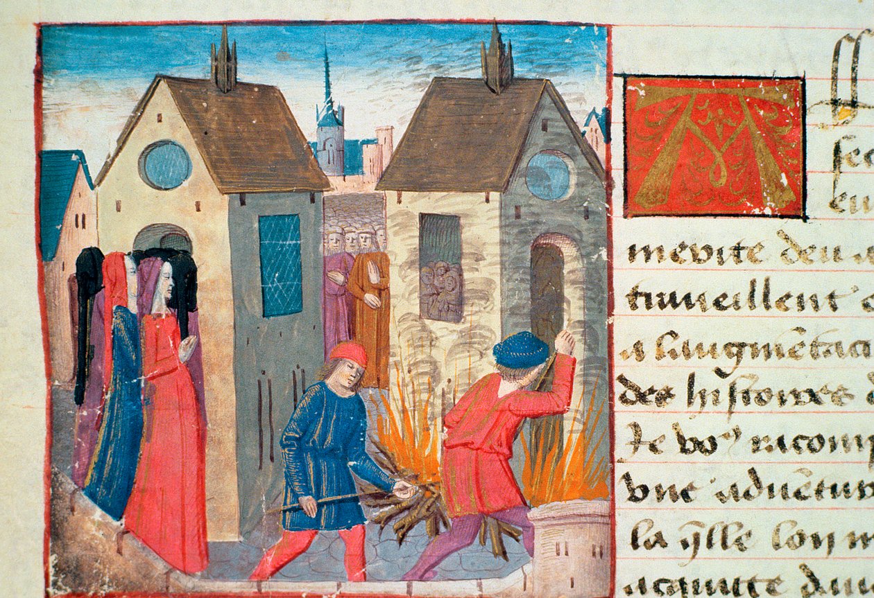 Ms Hunter 252 f.75v Burning a house, fra Les Cent Nouvelles Nouvelles, 1462 af French School