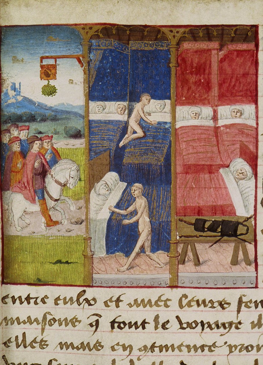 Ms Hunter 252 f.75v Hostel, fra "Les Cent Nouvelles Nouvelles", 1462 af French School