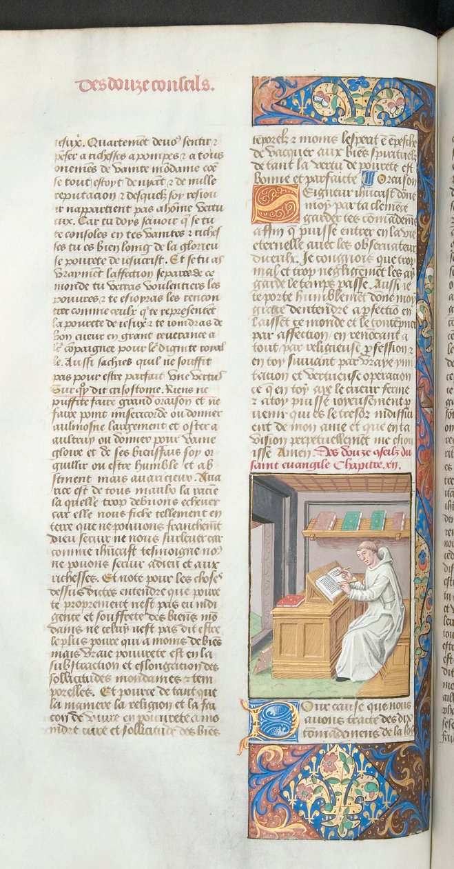 Ms Hunter 36-39, vol.3 fol.47v En karteusermunk i hvidt skriver et manuskript, illustration fra Vita Christi af Ludolf af Sachsen, ca. 1490 af French School