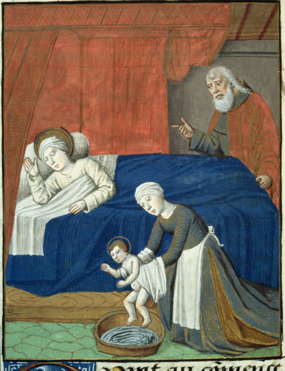 Ms Hunter 36 f.10v Den hellige Jomfru Marias fødsel, fra Vita Christi, af Ludolf af Sachsen, c.1300-7778 af French School