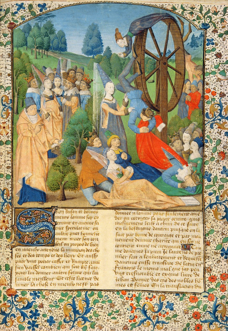 Ms Hunter 371 f.1r Dame Fortune og ofre, der falder fra hendes hjul, fra Boccaccios 