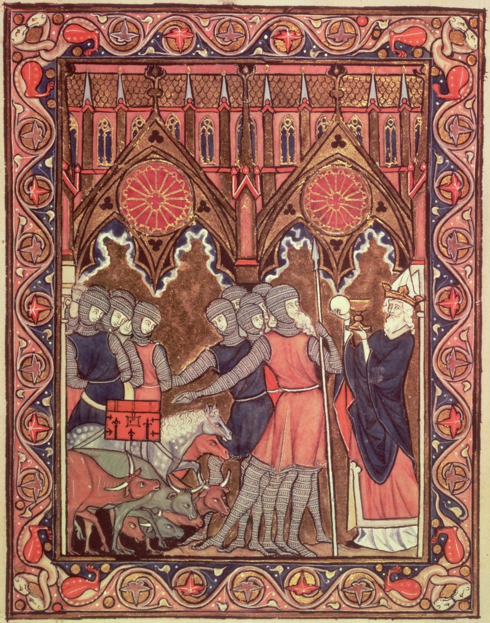 Ms Lat 10525 fol.6 Abraham præsenterer sine fanger og sit bytte for Melkisedek fra St. Louis-psalteren, ca. 1258-70 af French School