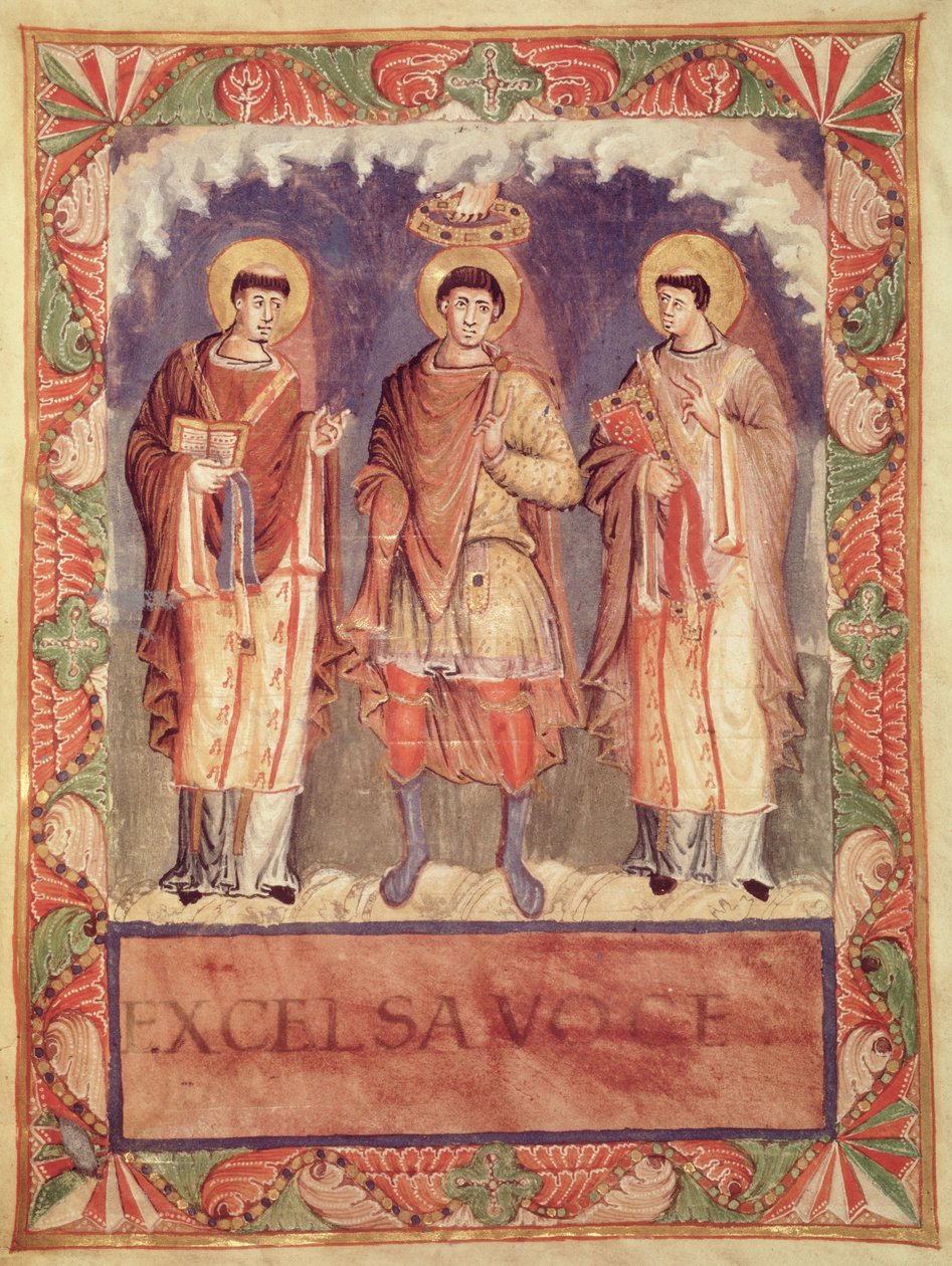 Ms Lat 1141 fol.2v Kroningen af Charles II (823-877) med ærkebiskopperne af Reims og Treves, fra Sacrementaire de Metz (se også 159999) af French School