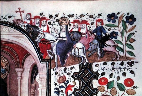 Ms Lat 1156b Fol.167 Detalje af paven på sit muldyr med sit følge, fra en illustration af Sankt Peter, fra Marguerite d