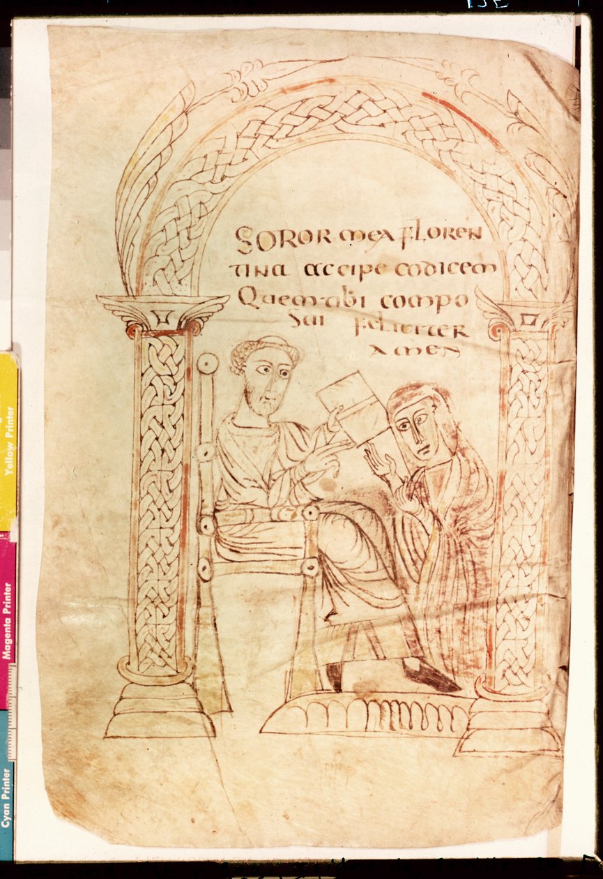 Ms Lat 13396 Fol.1 Isidore tilbyder sit arbejde til sin søster Florentina, fra De Catholic Faith fra Det Gamle og Nye Testamente mod jøderne af Isidore af Sevilla (ca. 560-636) ca. 800 af French School