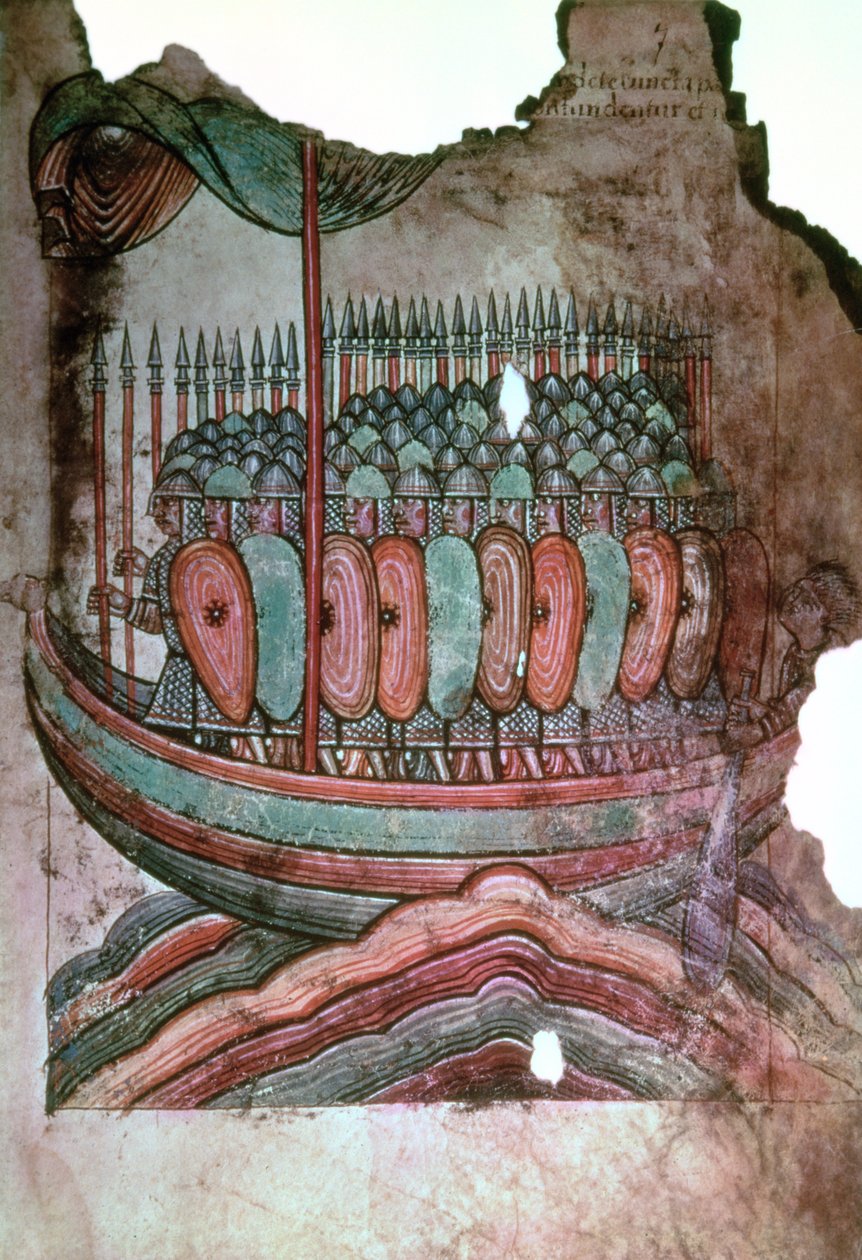 Ms Lat 1390 fol.7 normanniske soldater krydser den engelske kanal fra La Vie de Saint Aubin dAngers af French School