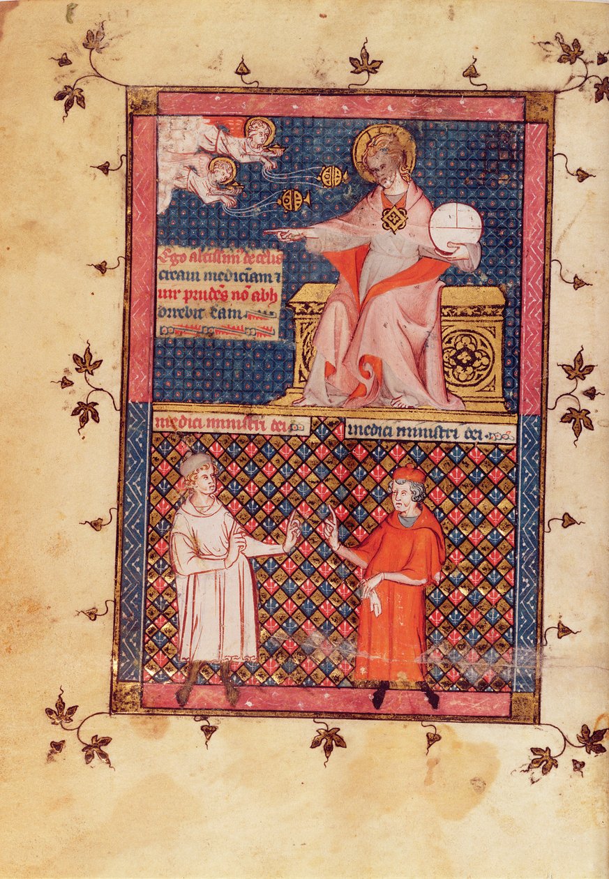 Ms Lat 14023 fol.1v Gud skaber medicin og giver viden til lægerne, fra Medicinkanonen af Avicenna (Ibn Sina) (980-1037) oversat af Gerard de Cremone (1114087) c.1320 af French School