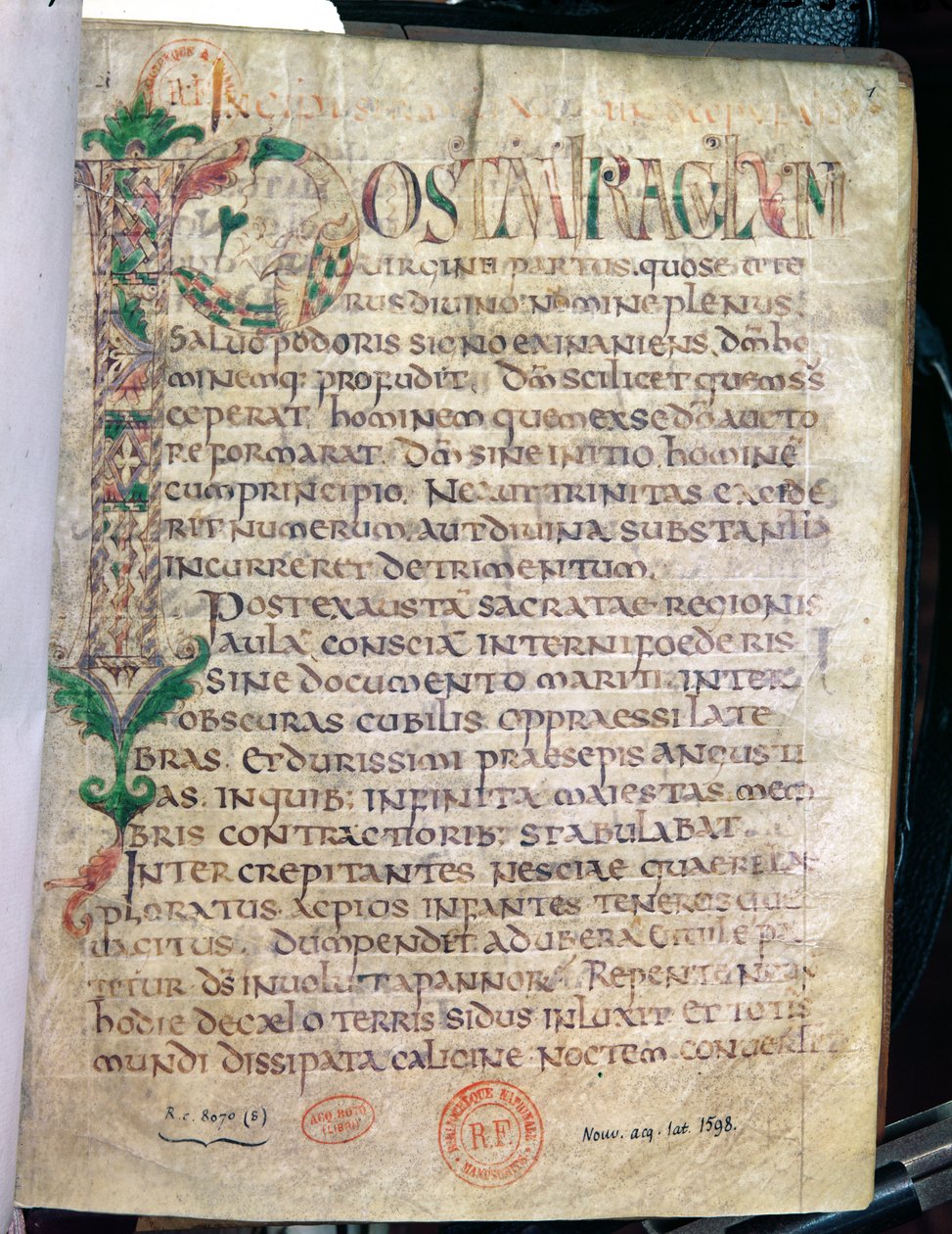 Ms Lat 1598 Fol.1 Zoomorphic historiker initial P, fra et værk af Saint Augustine (354-430) af French School