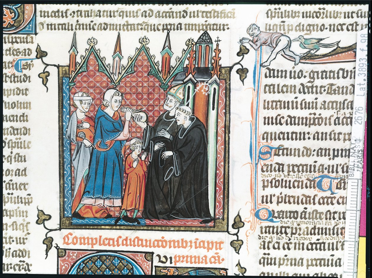 Ms Lat 3893 Fol.98 Forældre tilbyder en biskop penge til at tage deres søn med ind i klosteret, 1314 af French School