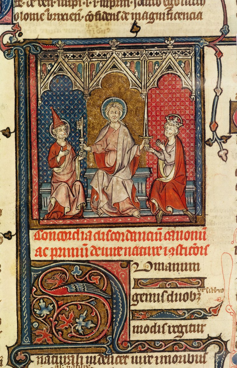 Ms Lat 3893 fol.1 Åndelig og timelig kraft, fra Decrets de Gratien, 1314 af French School