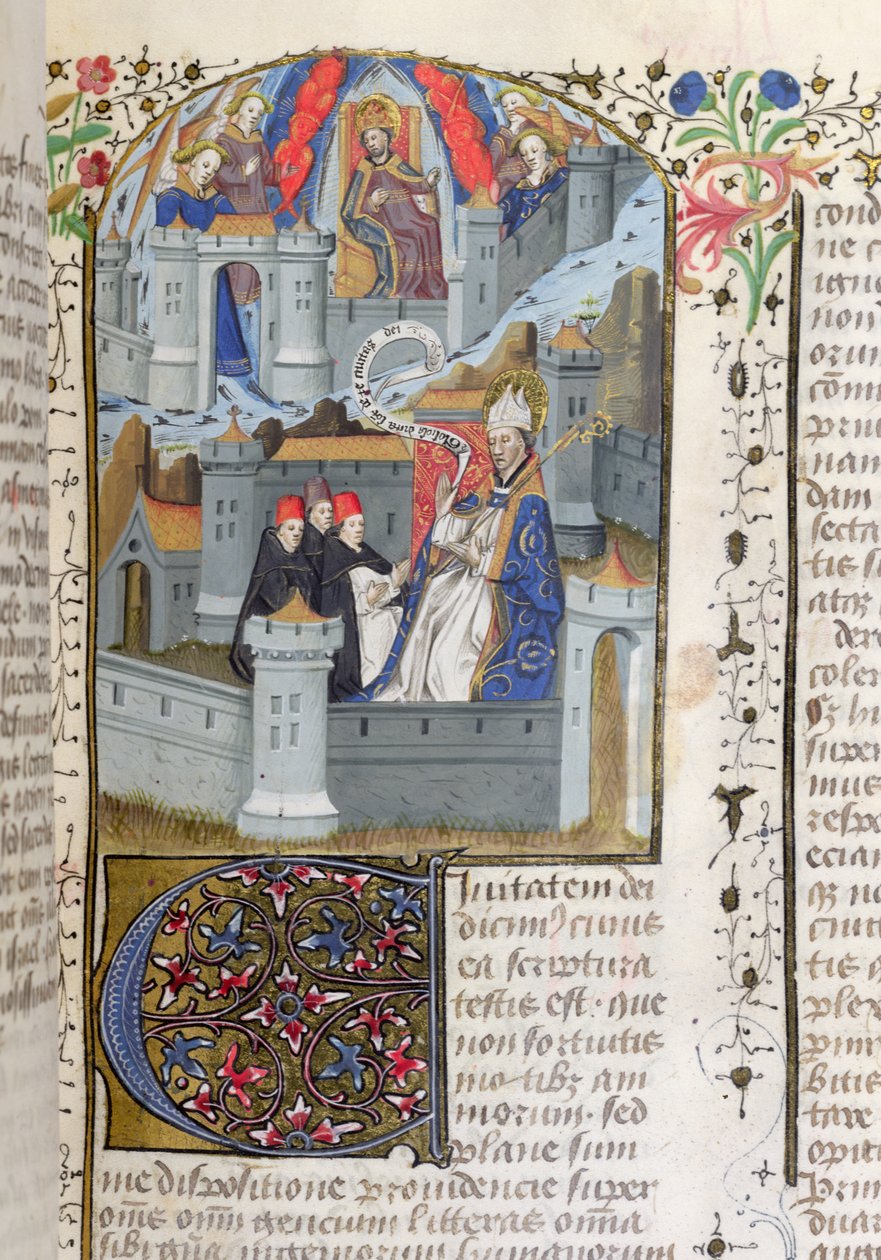 Ms Lat 592 f.127 Jerusalem og Babylon, fra La Cite de Dieu af St. Augustine af French School
