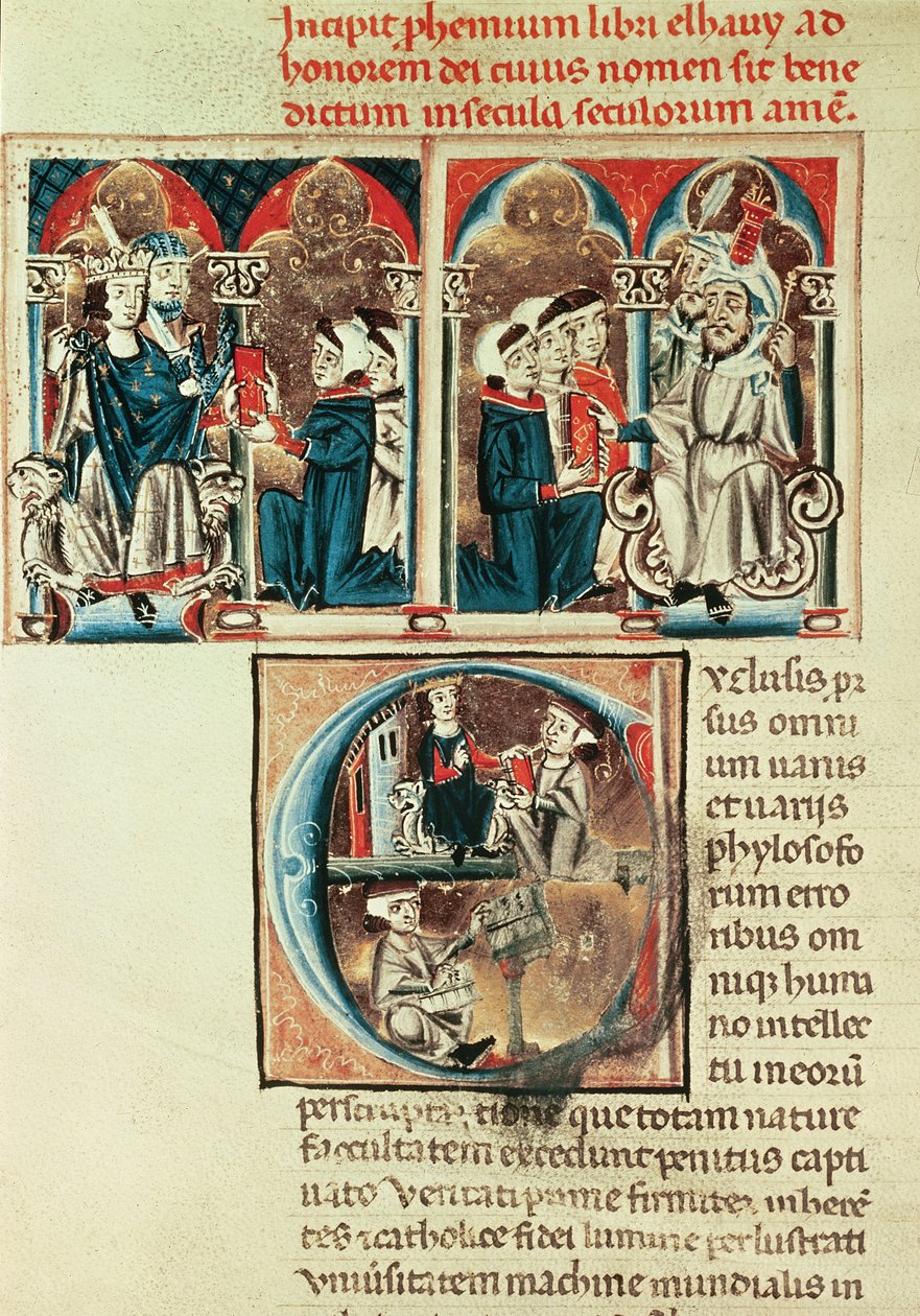 Fru Lat. 6912 fol.1v En jødisk lærd præsenterer en oversættelse af en arabisk afhandling for Philippe dAnjou af French School