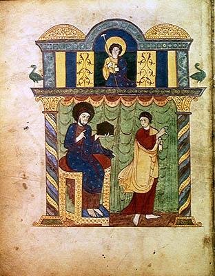 Ms Lat 8878 fol.1v Jesus præsenterer evangeliet for St. Matthæus, fra en kommentar til apokalypsen af den asturiske munk Beatus af Liebana (ca. 776) c.1028-72 (vellum) af French School