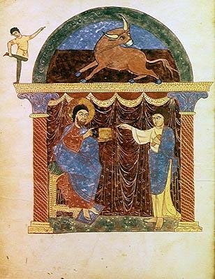 Ms Lat 8878 fol.3v Jesus præsenterer evangeliet for St. Lukas, fra en kommentar til apokalypsen af den asturiske munk Beatus af Liebana (ca. 776) c.1028-72 (vellum) af French School