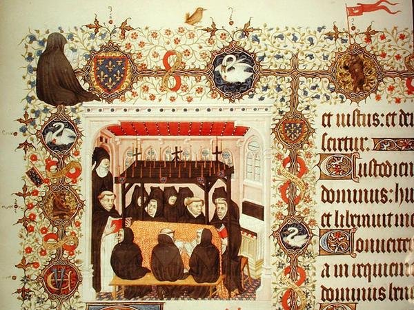 Ms Lat 919 Mourning of the Duchess, med våbenskjolde og dyredetaljer, fra Grandes Heures de Duc de Berry af French School
