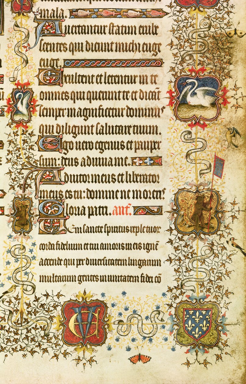 Ms Lat 919 fol.96 Detalje af våbenskjolde og dyredekoration, fra St. Peter Leading Jean de France (1340-1416) Hertugen af Berry til Paradis, fra Grandes Heures de Duc de Berry af French School