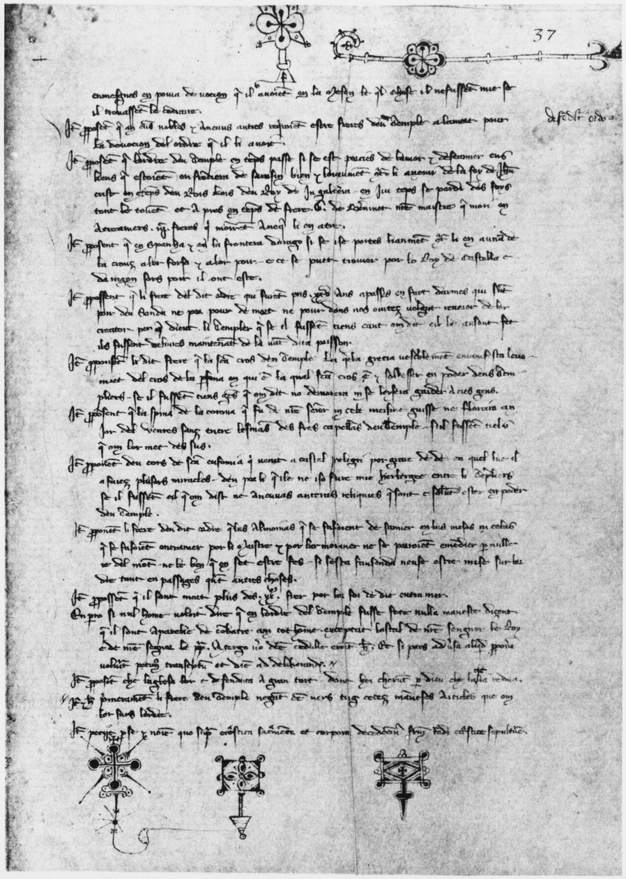 Ms Latin 11795 fol.37 Side med tekst fra retssagen mod tempelriddere af French School
