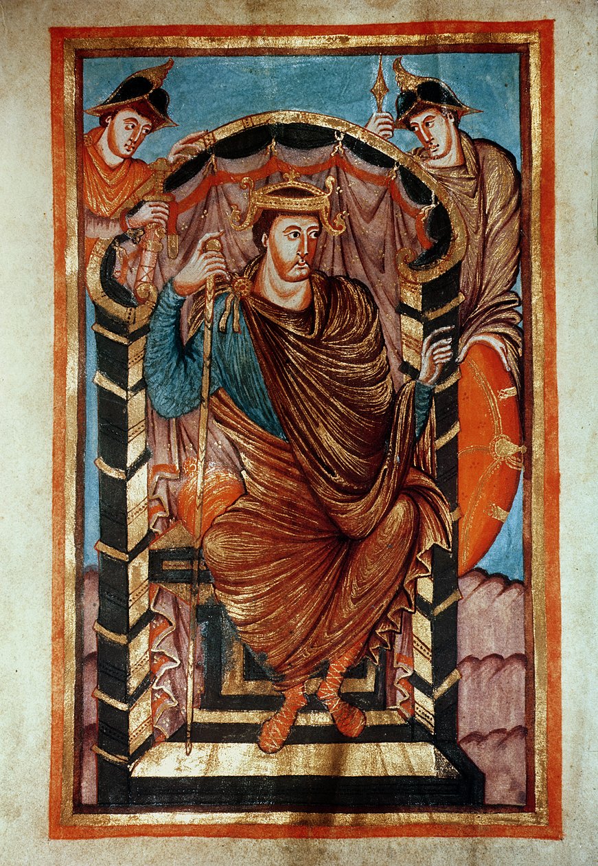 Ms Latin 266 fol.1v Lothair I (795-855) Enthroned, from the Evangiles de Lothaire, c.840-851 af French School