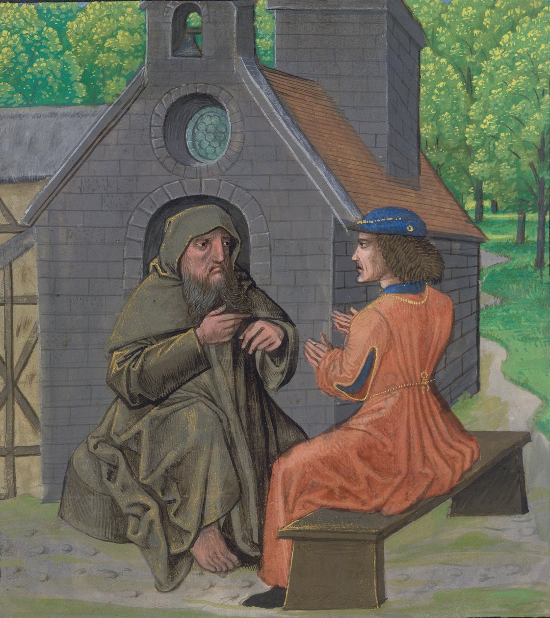 Ms Royal 14 E. 11, f.338 Eremitten, der instruerer ridderen, fra 