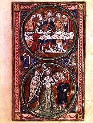 Ms n/a Lat 1392 Fol.3 Bryllupsfesten i Kana og Kristi dåb, detaljer fra 