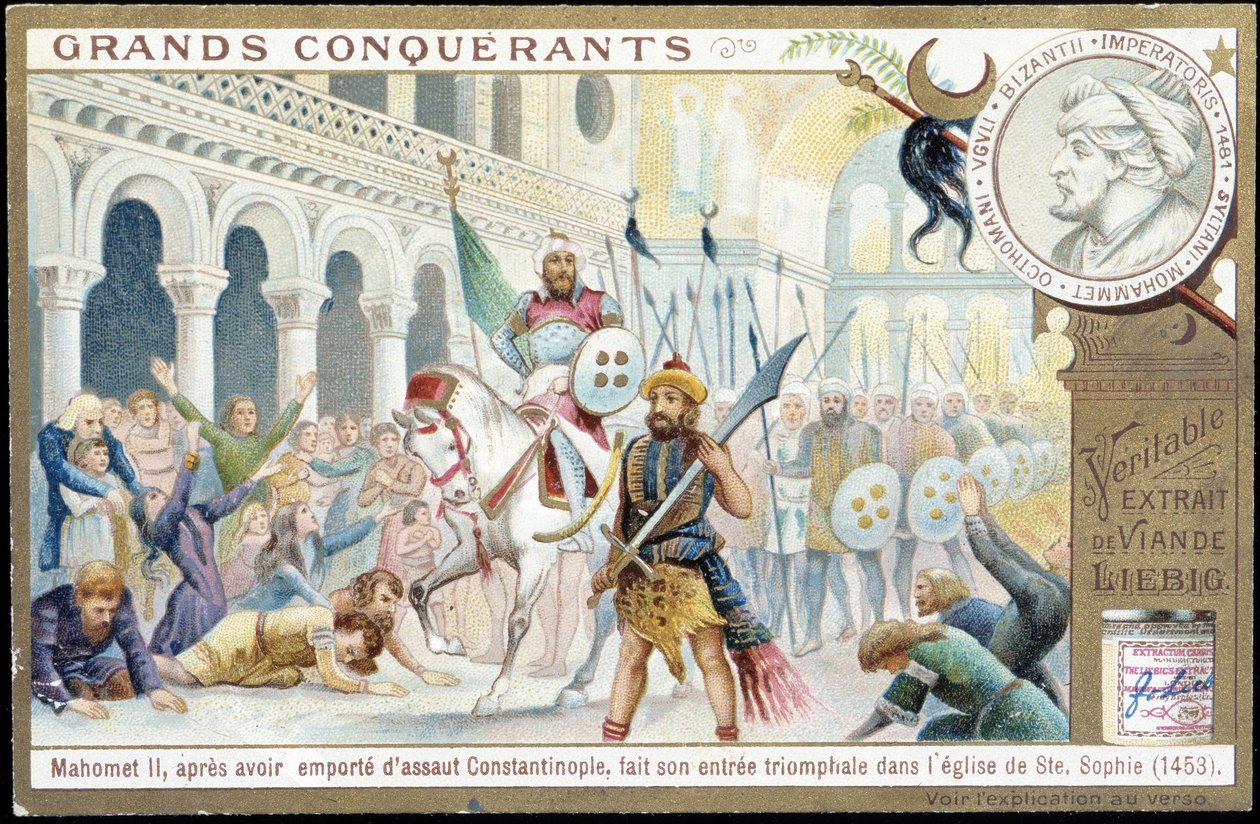 Muhammad II: voittoisa sisäänkäynti Pyhän Sofian kirkkoon, Konstantinopoli - kromo. Liebig af French School
