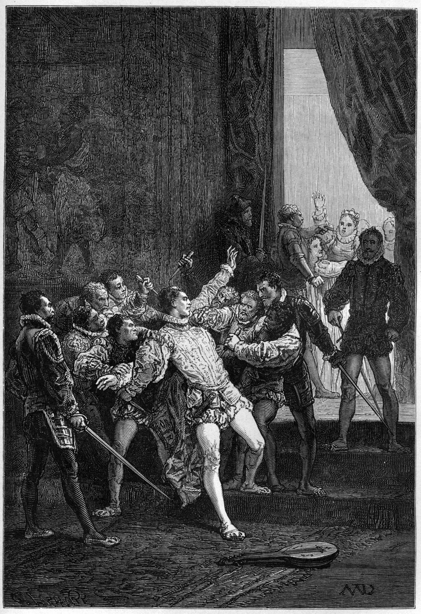 Mordet på David Rizzio (Davide) i nærværelse af Mary Stuart (Marie Iere) (1542-1587) - indgravering i "The History of England, from more remote times" af Francois Guizot 1877 af French School