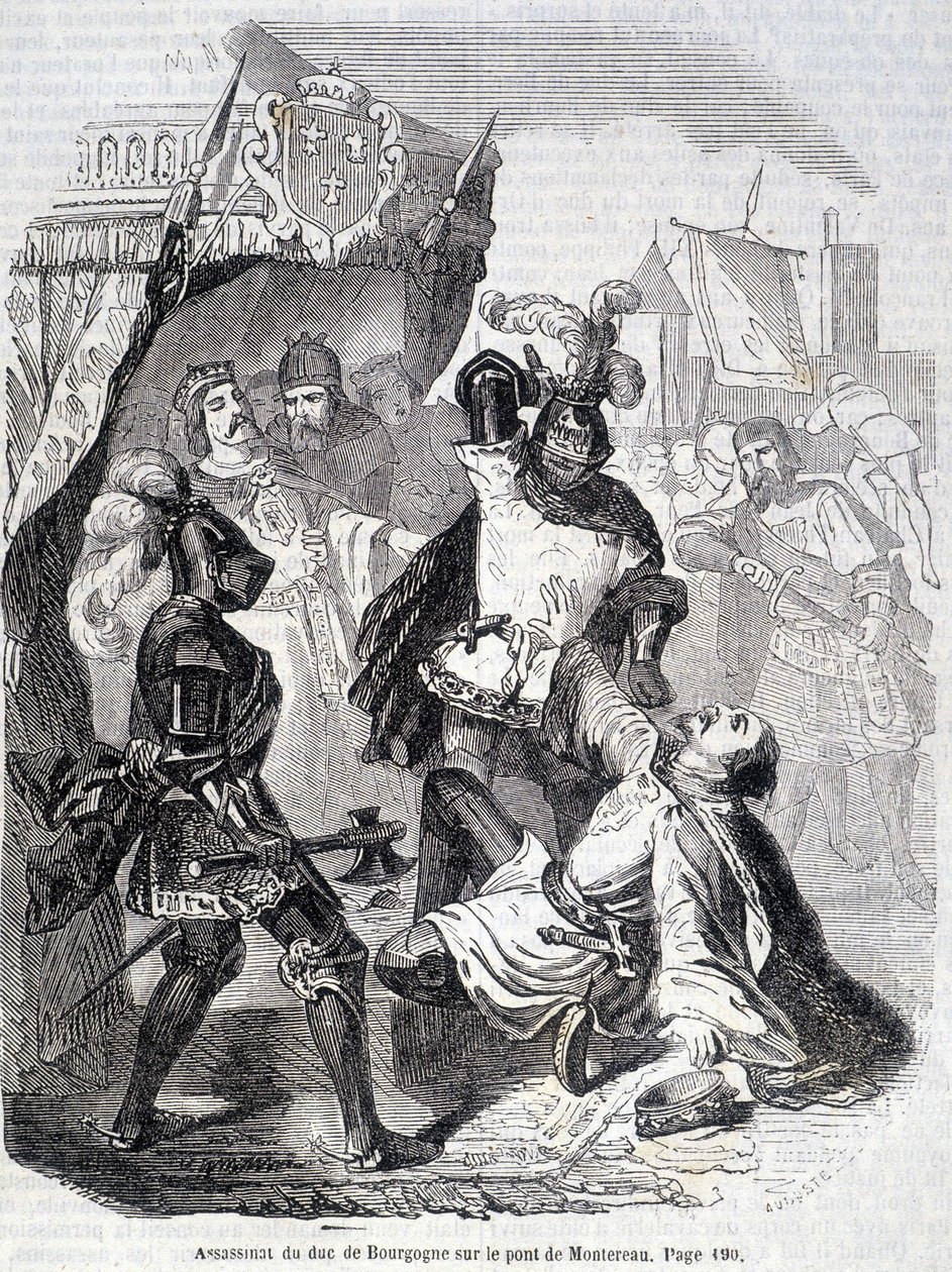 Mordet på hertugen af ​​Bourgogne (Jean sans Peur) på broen af ​​Montereau i 1419 - i "Histoire de France" af L.-P. Anquetil af French School