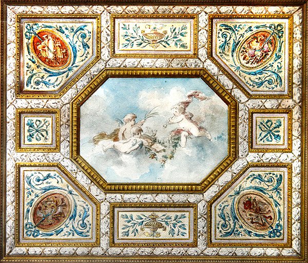 Musikrumsloft med putti spilleinstrumenter (akvarel og gouache på papir) af French School