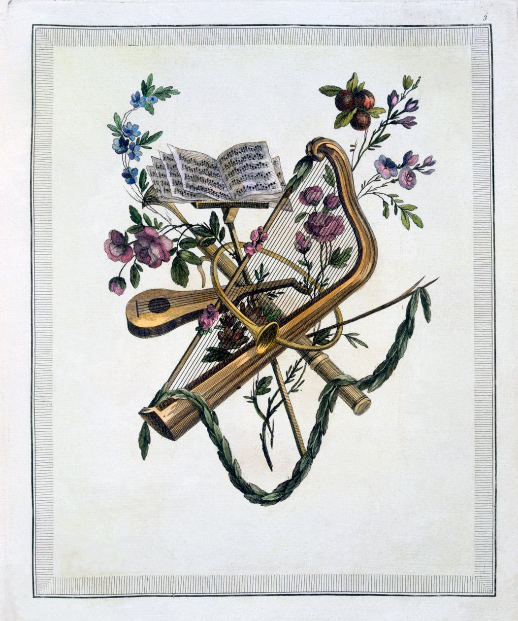 Musikinstrumenter, fra en bog med graverede plader af Oppenords design, udgivet 1745rn af French School
