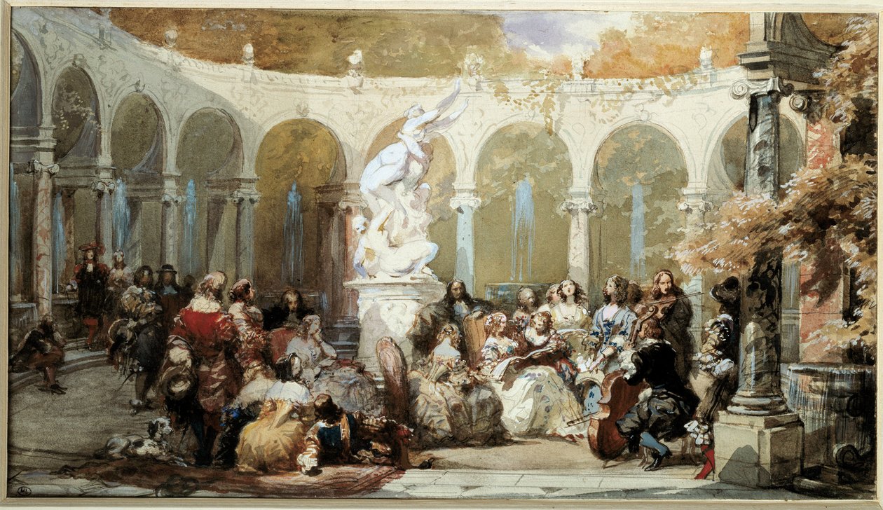 Musikscene i Versailles haver. akvarel af French School